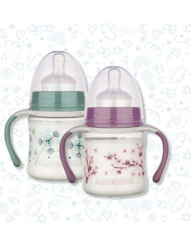 Baby Nova PP széles nyakú tanulópalack fülekkel extra etetőcumival 0-24 hó 150 ml
