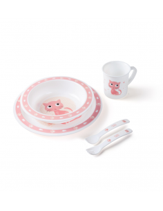 Canpol babies Műanyag ebéd készlet Cute Animals tányérka, tálacska, bögre, evőeszközök 12hó+ rózsaszín