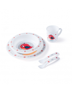 Canpol babies Műanyag ebéd készlet Cute Animals tányérka, tálacska, bögre, evőeszközök 12hó+ piros