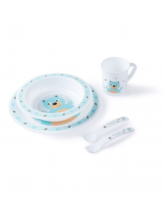 Canpol babies Műanyag ebéd készlet Cute Animals tányérka, tálacska, bögre, evőeszközök 12hó+ türkiz